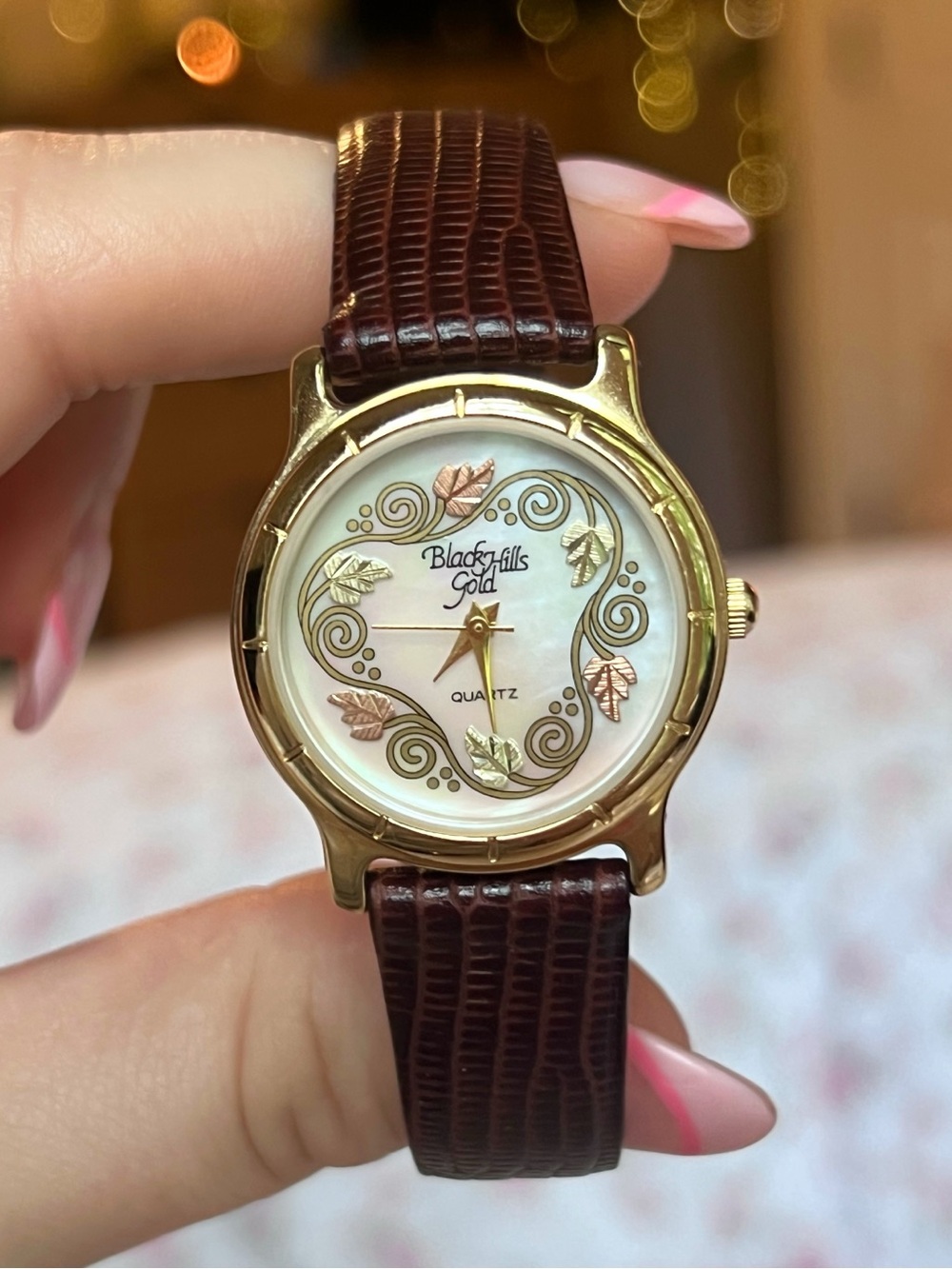 Vintage Black Hills Gold Quartz Watch Gold Leaf Dial Leather Band